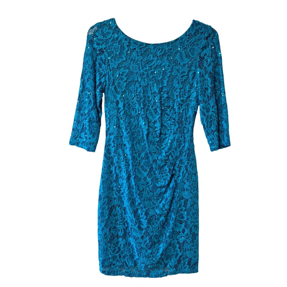 Scarlett Brand Womens Teal Sequin Lined Dress 3/4 Sleeve Zip back Fitted Stretch